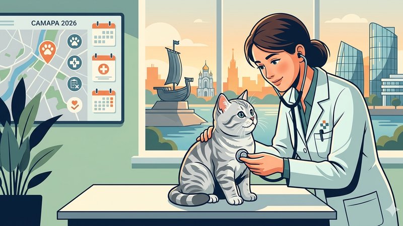 Иллюстрация британского котенка на осмотре у ветеринара для статьи о здоровье питомцев в Самаре