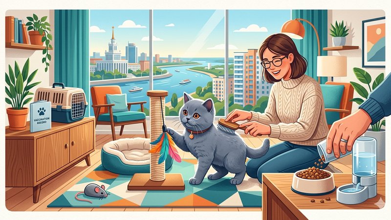 Милый британский котенок на современном фоне для статьи об уходе за питомцами в Самаре