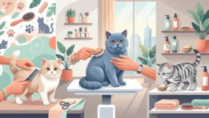 Современная иллюстрация с британским котенком для статьи о трендах груминга в Самаре 2026 года